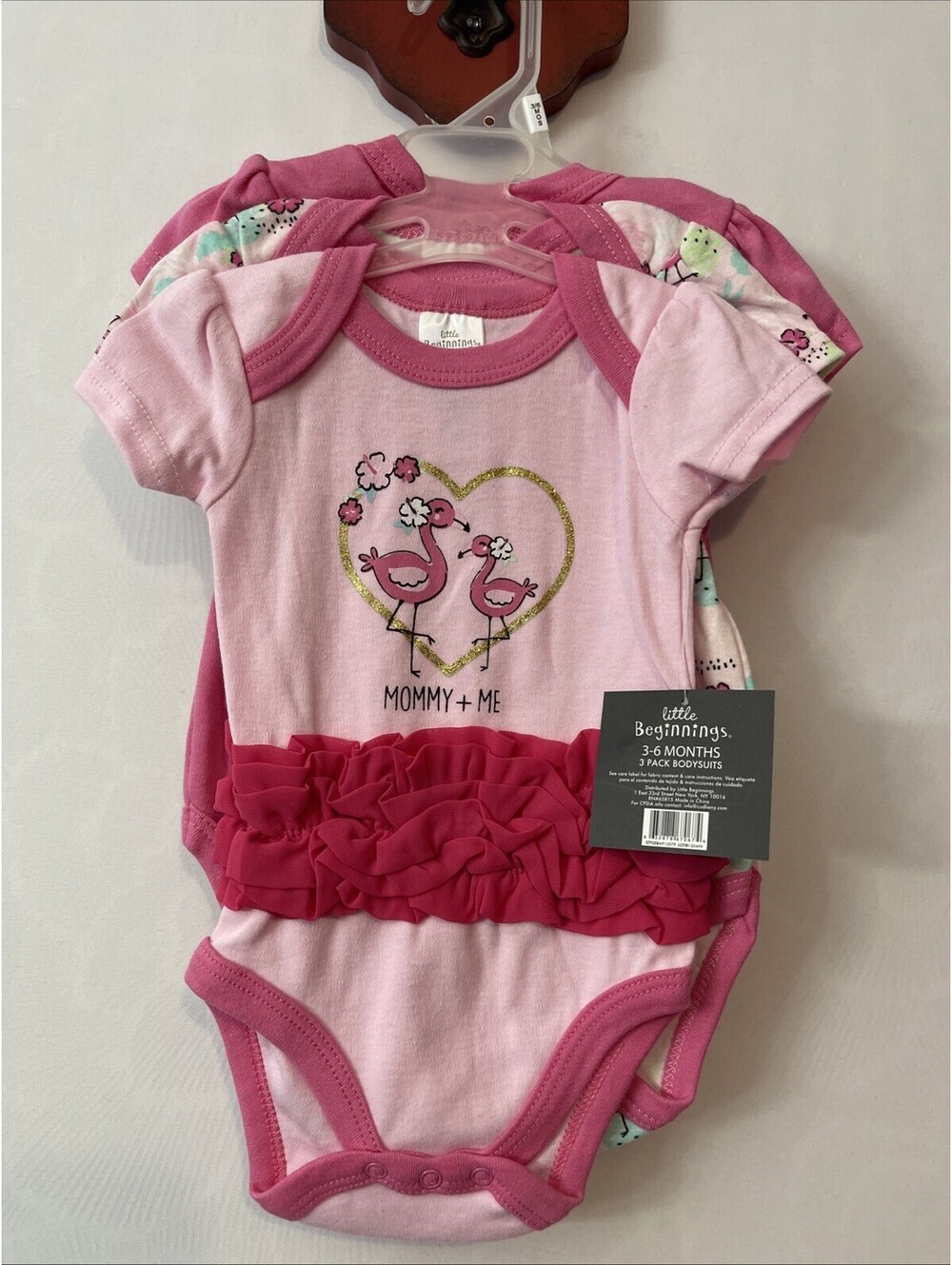 Little Beginnings Infant Girls Pink Flamingo 3-6 Months 3-Pack Bodysuit NWT MZZ8